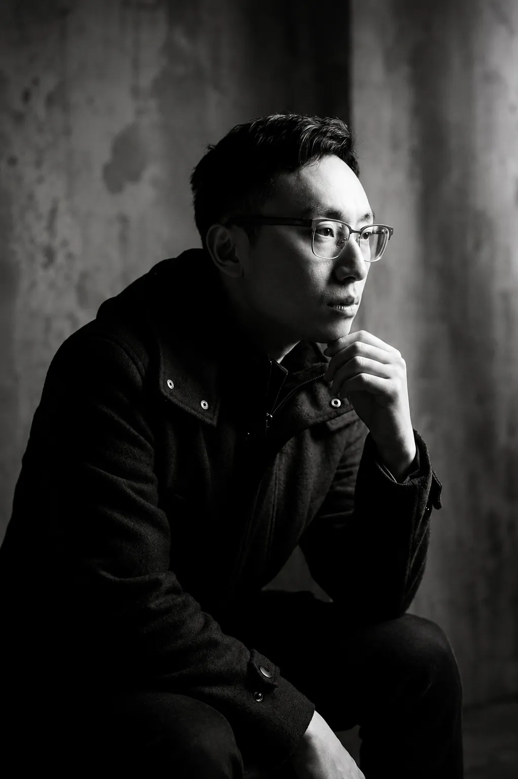 Johnny Han, seated against concrete