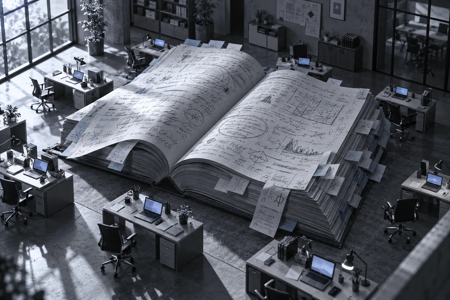 A miniature office floor seen from above, rows of tiny empty desks with glowing laptops, and lying open across the middle an enormous handbook covered in handwritten notes and paper tabs, bigger than any desk in the room.