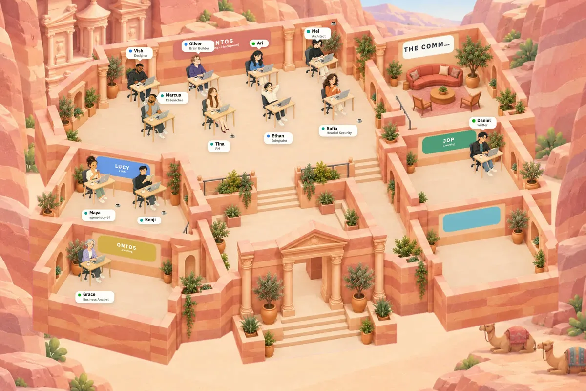 The same office team at their desks in Petra, Jordan: rooms carved into pink sandstone, a camel outside.