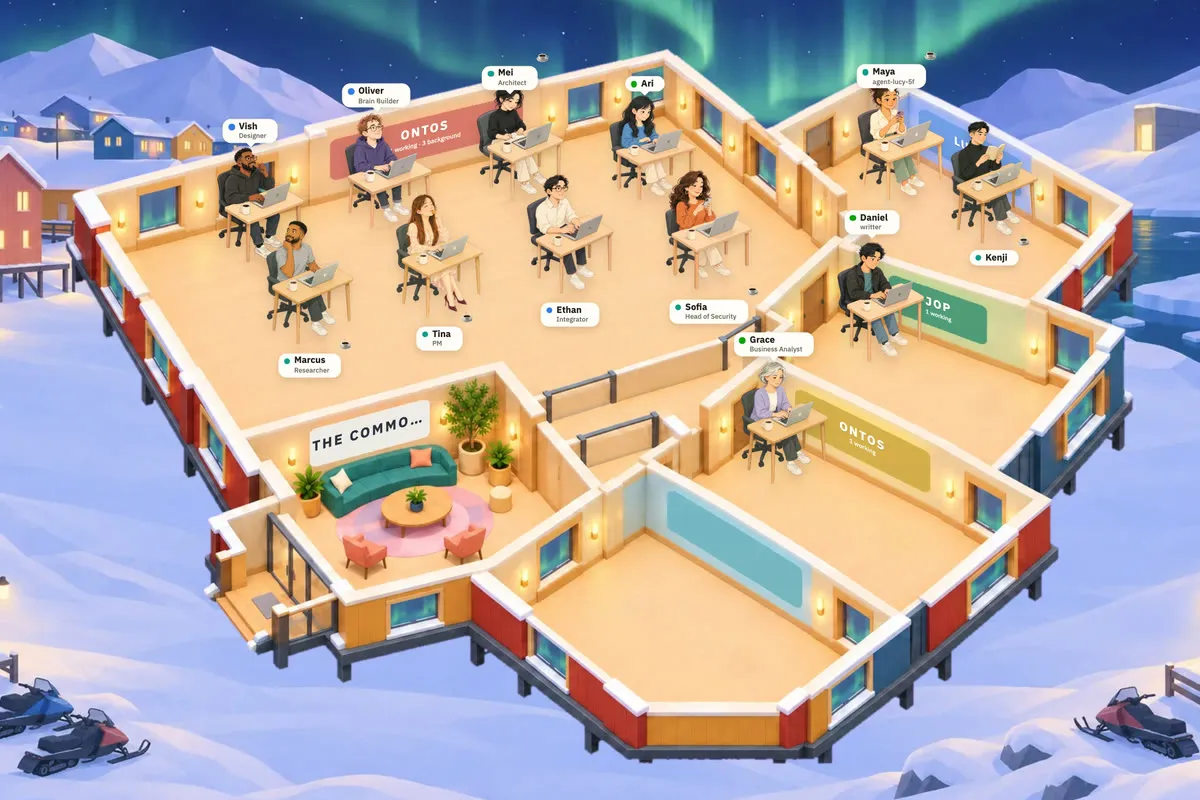 The same office team at their desks in Longyearbyen, Svalbard: a lit cabin in the snow under the northern lights.