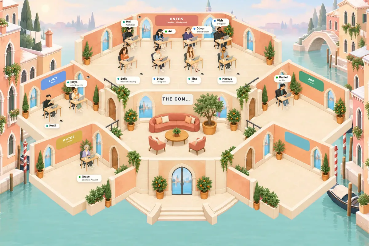 The same office team at their desks in A Venetian palazzo: pink arches over a canal, a gondola at the door.